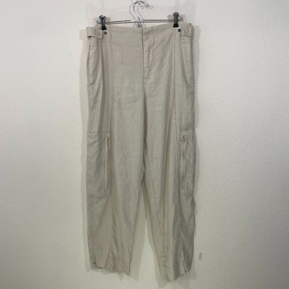 Jason Wu Pants Women's Large Wide Leg Linen Blend Beige Cargo‎ Pockets High Rise